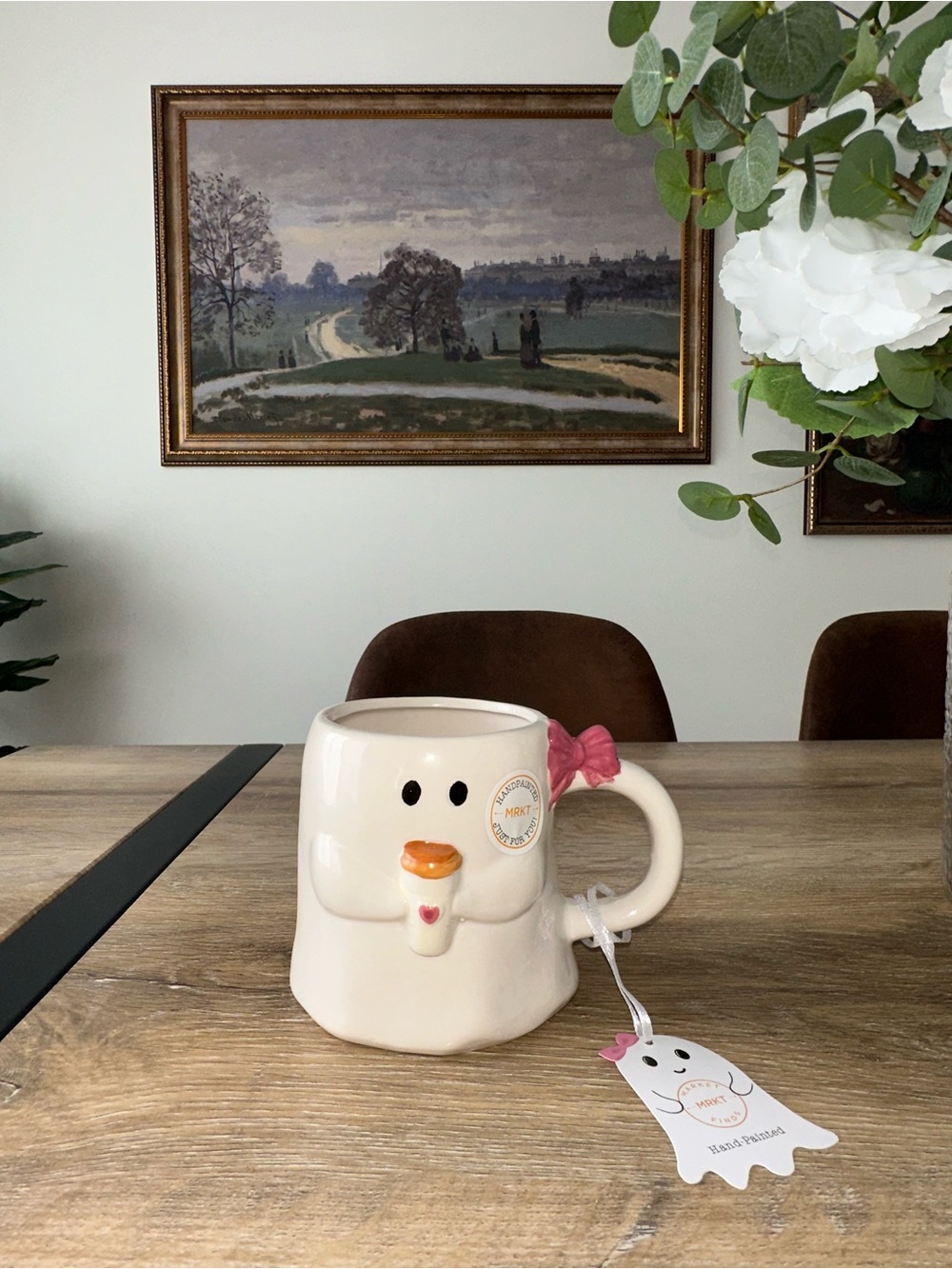 Market Finds Hand-Painted Ghost Coffee Mug with Pink Bow NWT